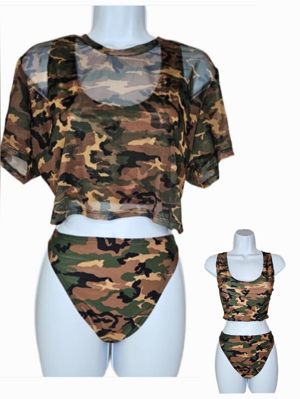 NWT Fashion Nova 3 Piece High Waist Camo Swimsuit Set Green/Brown Size 3X